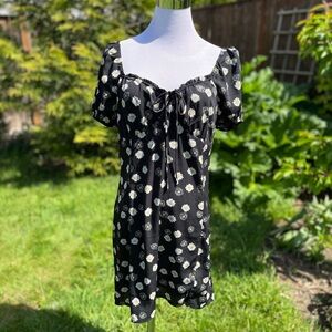 BP. Womens Ditsy Floral Tie Front Y2K Minidress Large Black/White Daisy